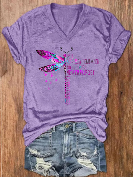 

You May Not Remember But I Will Never Forget Dragonfly Alzheimer's Awareness Crew Neck Loose Casual Floral T-Shirt, Light purple, T-shirts