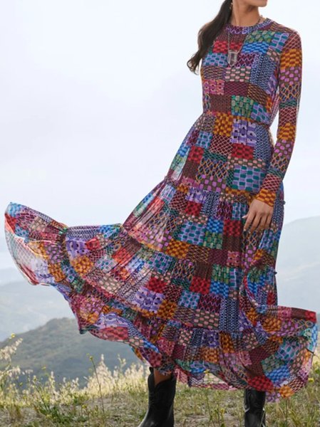 

Women Geometric Long Sleeve Comfy Casual Maxi Dress, Multicolor, Dresses