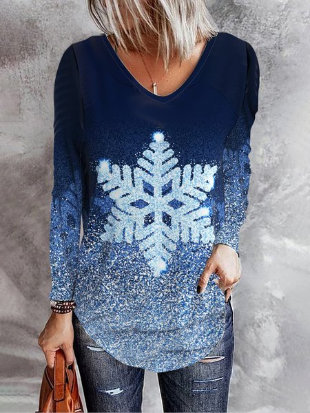 

Women's Long Sleeve Blouse Spring/Fall Snowflake Printing V Neck Holiday Going Out Vintage Top, Blue, T-Shirts