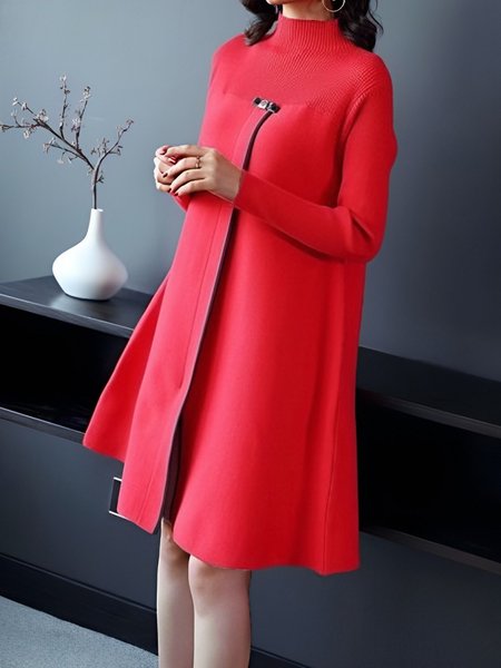

Elegant Regular Sleeve A-Line Loose Sweater Dress, Red, Midi Dresses