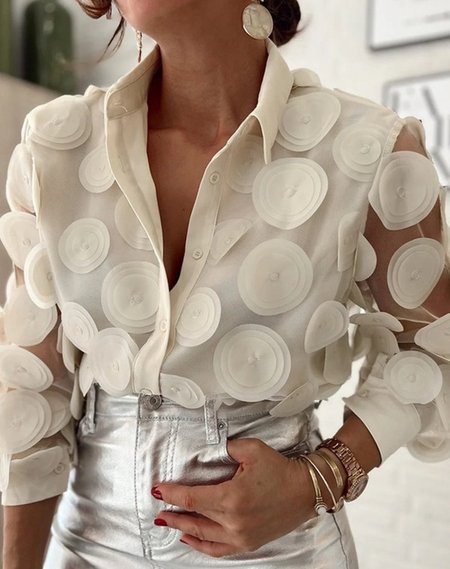 Shirt Collar Long Sleeve Floral Regular Loose Shirt For Women, Off white, Shirts