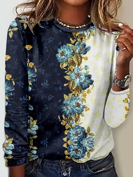

Casual Floral Crew Neck Long Sleeve T-shirt, Purplish blue, T-shirts