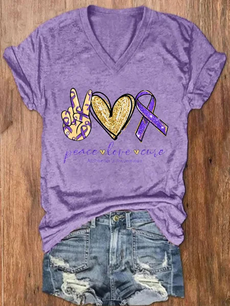 

Peace Love Cure, Purple Ribbon Heart, Alzheimer's Awareness Crew Neck Casual Floral Loose T-Shirt, Light purple, T-shirts