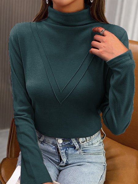 

Casual Plain Mock Neck Long Sleeve T-shirt, Darkgreen, T-shirts