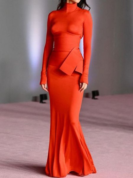 

Mock Neck Regular Sleeve Urban Regular Fit Dress With Girdle, Red, Maxi Dresses