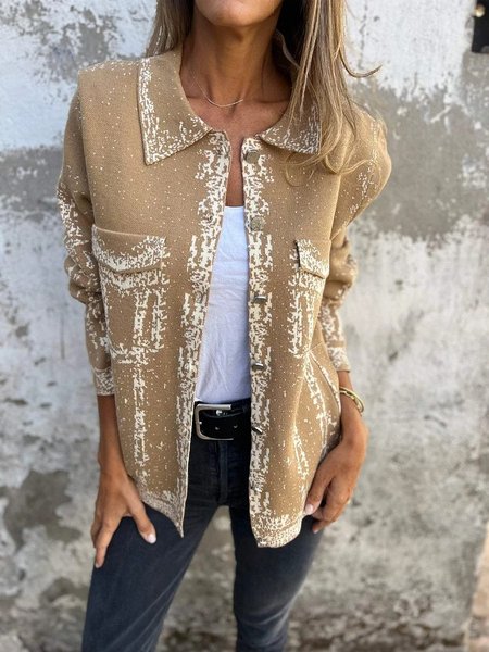 Women's Abstract Zipper Thicken Loose Jacket, Khaki, Outerwear