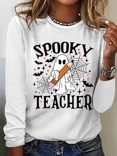 

Casual Halloween Spooky Teacher Print Crew Neck Long Sleeve T-shirt, White, T-shirts