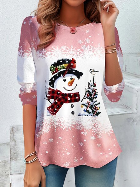 

Women's Long Sleeve Tee T-shirt Spring/Fall Christmas Snowman Printing Jersey Crew Neck Holiday Going Out Vintage Top, Pink, T-Shirts