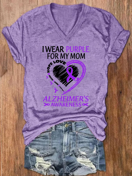

I Wear Purple For Mom With My Heart Alzheimer Floral Loose Simple Crew Neck T-Shirt, Light purple, T-shirts