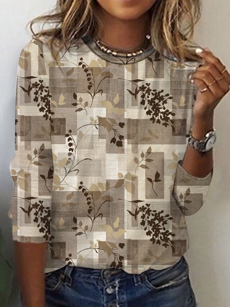 

Women's Long Sleeve Tee T-shirt Spring/Fall Floral Printing Jersey Crew Neck Holiday Going Out Vintage Top, Brown, T-Shirts
