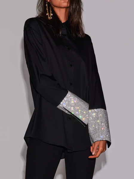 

Loose Regular Sleeve Rhinestones Elegant Shirt, Black, Blouses and Shirts