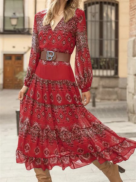 

Women Nationality/ethnic V Neck Long Sleeve Comfy Casual Maxi Dress, Red, Dresses
