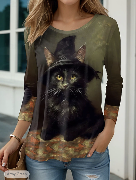 

Casual Halloween Crew Neck Long Sleeve T-shirt, Multicolor, T-shirts