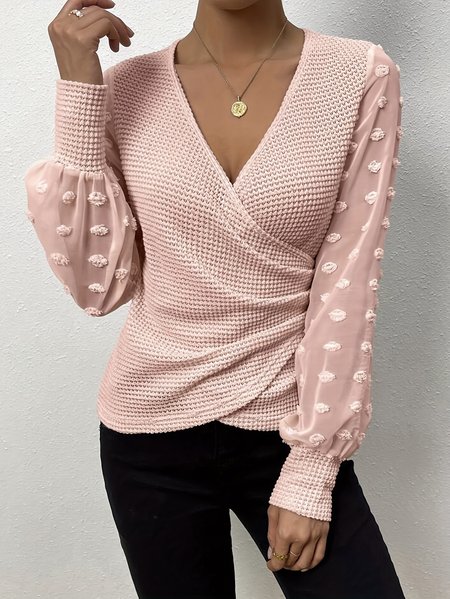 

V Neck Long Sleeve Plain Regular Micro-Elasticity Loose Blouse For Women, Pink, Blouses