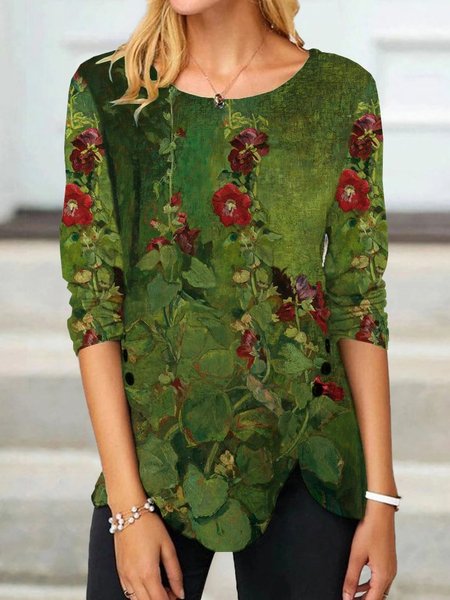 

Notched Long Sleeve Floral Regular Micro-Elasticity Loose Blouse For Women, Dark green, Blouses