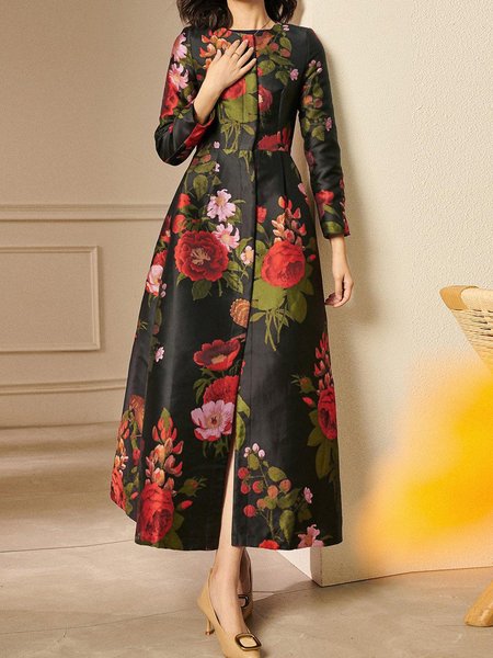 

Regular Fit Crew Neck Elegant Regular Sleeve Trench Coat, Flower, Trench Coats