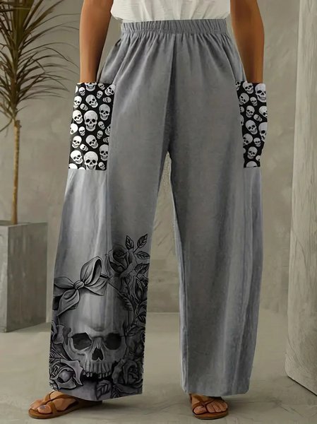 

Casual Halloween Loose Cotton And Linen Long Pants, Gray, Pants