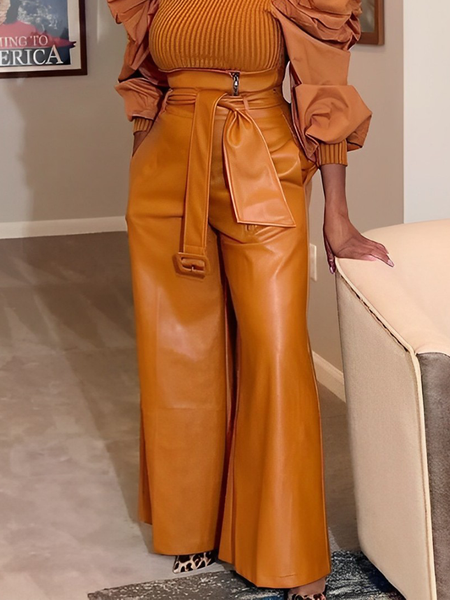 

Micro-Elasticity Loose Urban Plain Faux Leather High Waist Long Pants, Orange, Leather Pants
