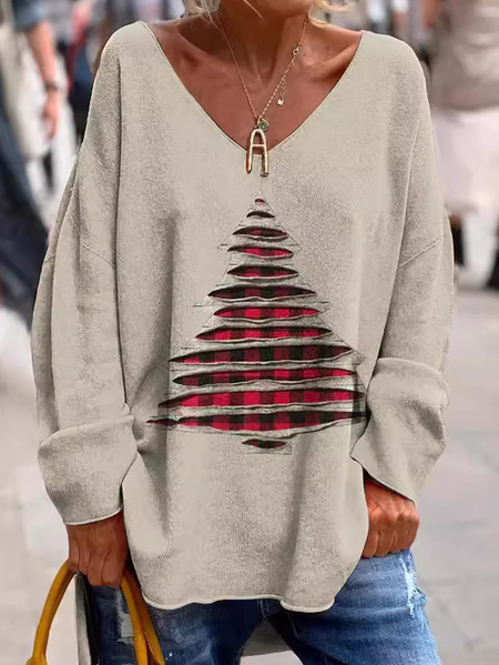 

Casual Crew Neck Christmas Tree Long Sleeve Shirt, Khaki, Long sleeves