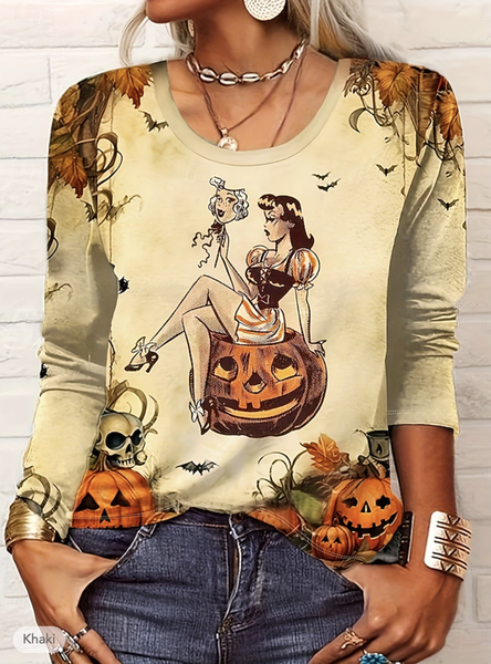

Casual Halloween Crew Neck Long Sleeve T-shirt, Multicolor, T-shirts