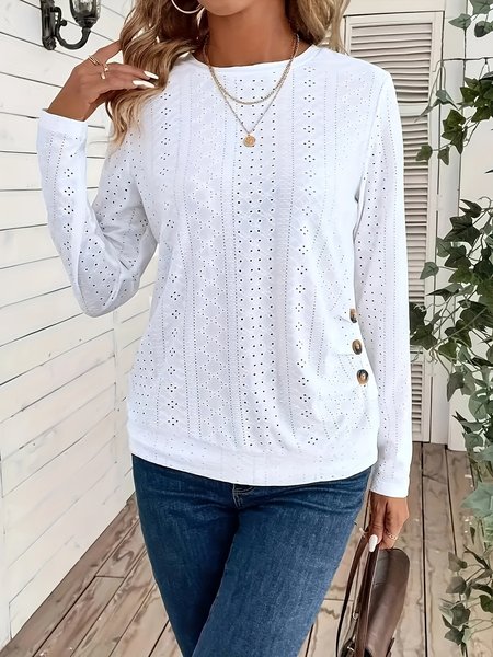 Crew Neck Long Sleeve Plain Regular Micro-Elasticity Loose Blouse For Women, White, Blouses
