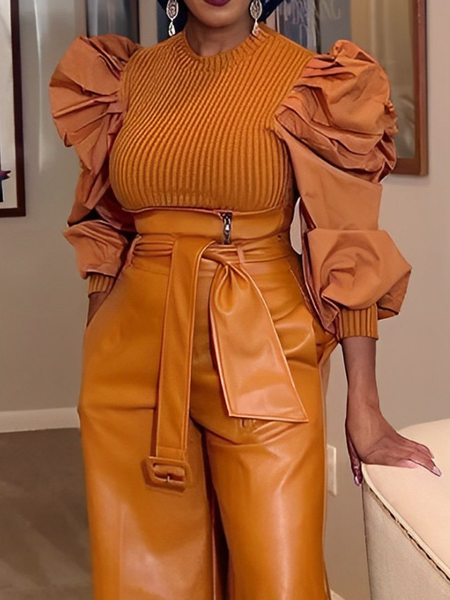 

Micro-Elasticity Urban Puff Sleeve Crew Neck Long Sleeve Tight Blouse, Orange, Blouses and Shirts