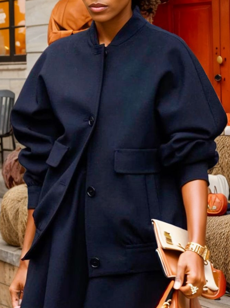 

Casual Stand Collar Loose Raglan Sleeve Jacket, Black, Jackets