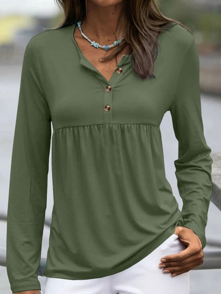 Women Plain V Neck Casual Long Sleeve T-shirt, Army green, Long Sleeves