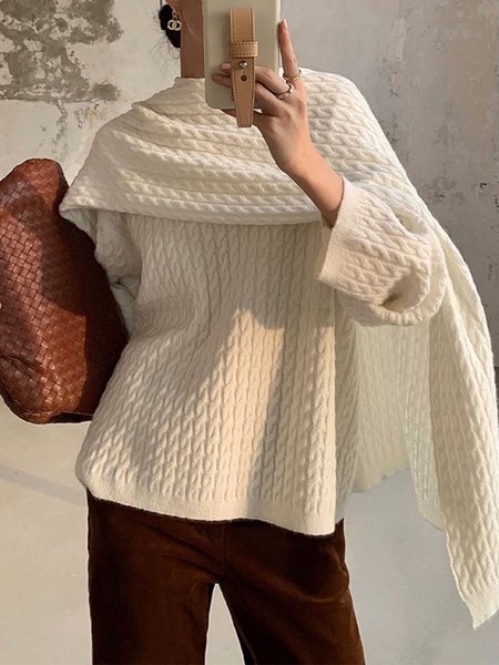 

Crew Neck Casual Loosen Long Sleeve Sweater With Scarf, Off white, Pullovers