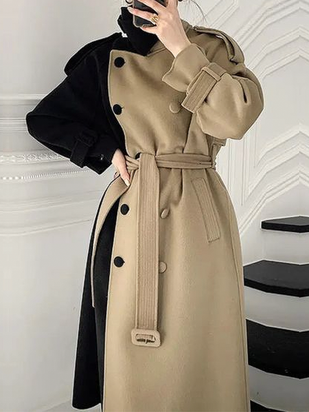 

Color Block Loose Raglan Sleeve Urban Turtleneck Mid-long Coat with Belt, As picture, Coats