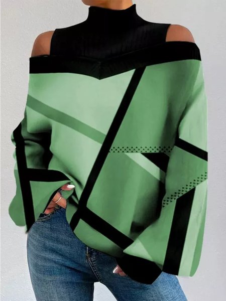 

Turtleneck Long Sleeve Geometric Regular Micro-Elasticity Loose Blouse For Women, Green, Blouses