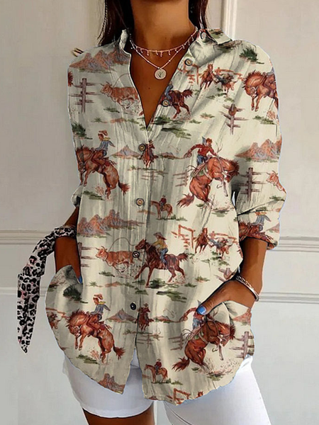

Shirt Collar Long Sleeve Ethnic Regular Loose Shirt For Women, Khaki, Shirts