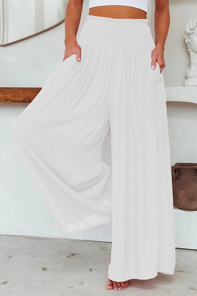 

Casual Stretch Wide Leg High Waisted Palazzo Flare Pants with Pockets Loose Summer Beach Pants, White, Pants