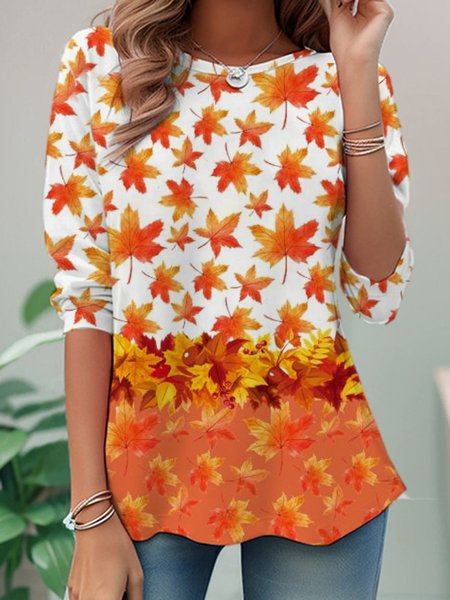 Casual Leaf Crew Neck Long Sleeve T-shirt, Orange red, T-shirts