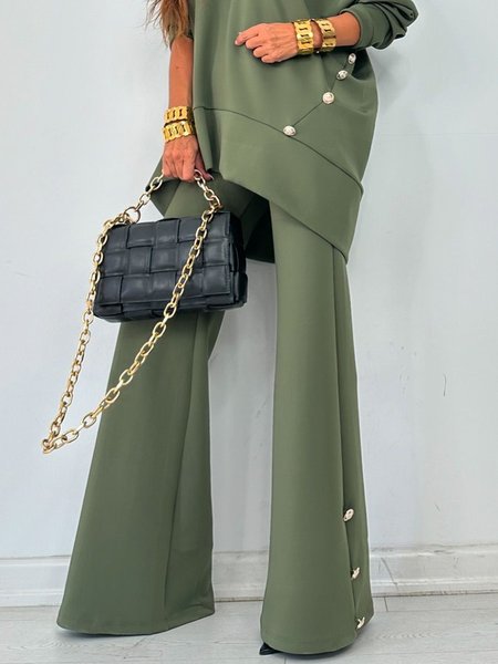 

Casual Buttoned Plain Wide leg Pants, Green, Pants