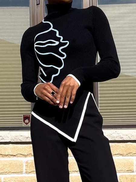 

High Elasticity Color Block Turtleneck Long Sleeve Casual Tight Regular Sleeve T-Shirt, Black, Tees