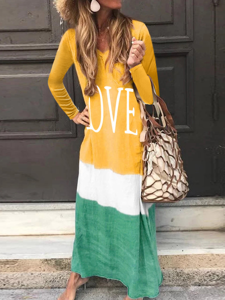 

Women Color Block Crew Neck Long Sleeve Comfy Casual Maxi Dress, Yellow, Dresses