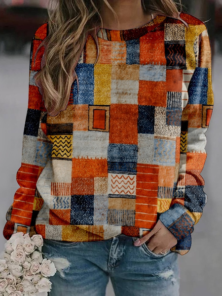 

Plaid Crew Neck Loose Casual Sweatshirt, Brown, Hoodies&Sweatshirts