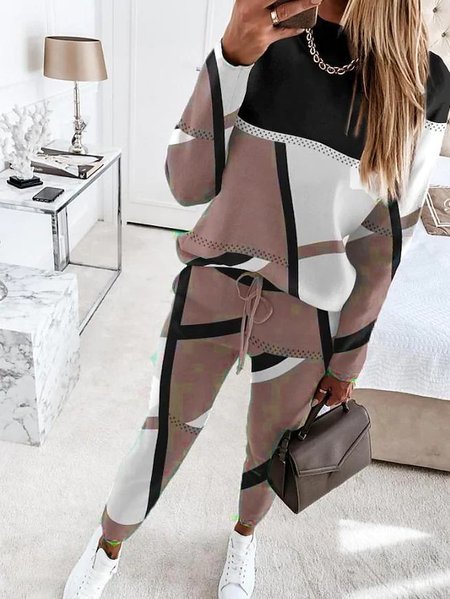 

Women Contrast Stitching Crew Neck Long Sleeve Comfy Casual Top With Pants Two-Piece Set, Camel, Sets