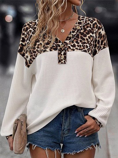 

Women's V Neck Leopard Split Joint Casual Spring/Fall Long Sleeve Sweatshirt, White, Sweatshirts & Hoodies