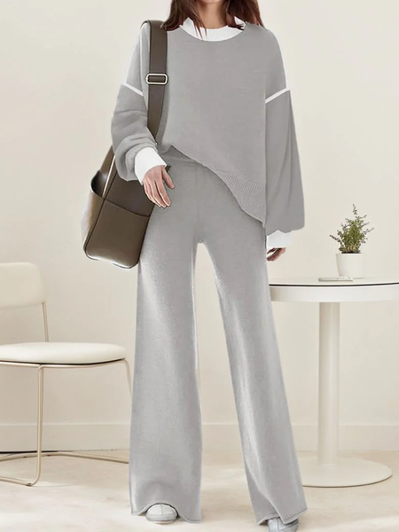 

Women Color Block Crew Neck Long Sleeve Comfy Casual Top With Pants Two-Piece Set, Gray, Sets