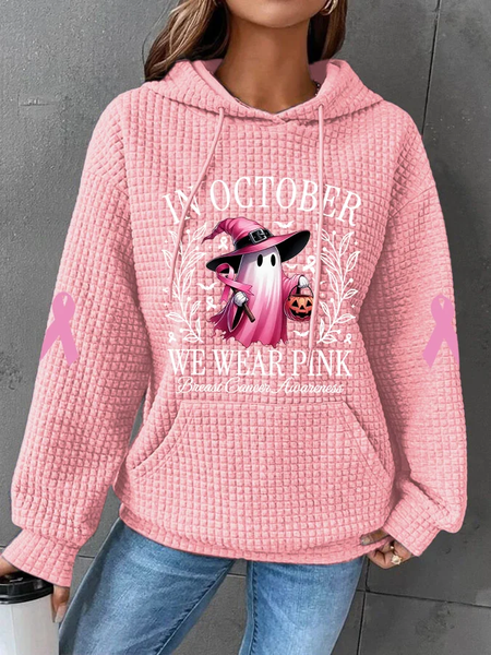 

Women's In October We Wear Pink Halloween Ghost Breast Cancer Awareness Warrior Waffle Hoodie, Hoodies&Sweatshirts