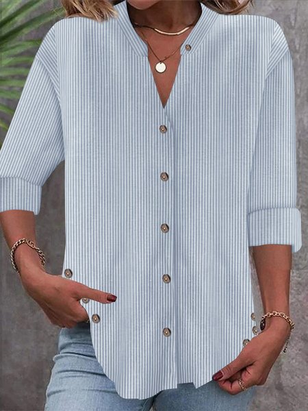 

Notched Long Sleeve Striped Regular Loose Shirt For Women, Blue, Shirts