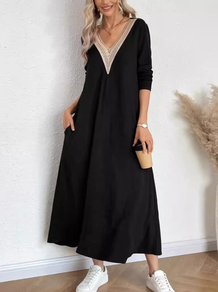 

Women Plain Long Sleeve Comfy Casual Lace Maxi Dress, Black, Dresses