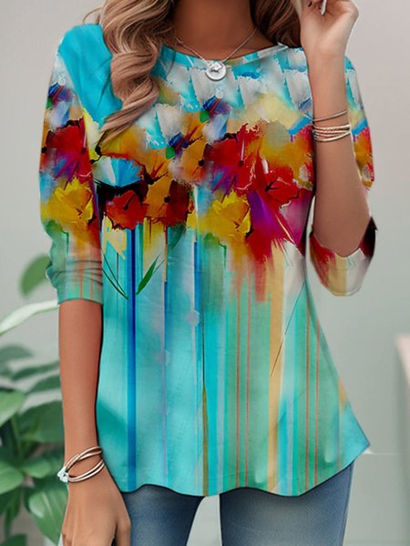 

Casual Floral Crew Neck Long Sleeve T-shirt, Multicolor, T-shirts