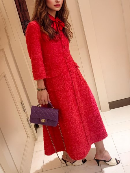 

Elegant Plain Pocket Midi Dress, Red, Midi Dresses