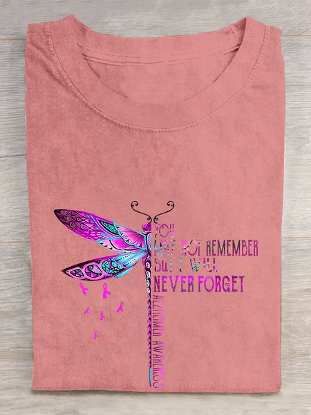 

You May Not Remember But I Will Never Forget Dragonfly Alzheimer's Awareness Cotton T-shirt, Orange pink, T-shirts