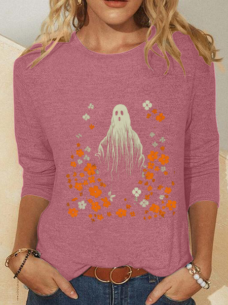 

Spooky Halloween Ghost Floral Casual Long Sleeve Shirt, Watermelon, Long sleeves