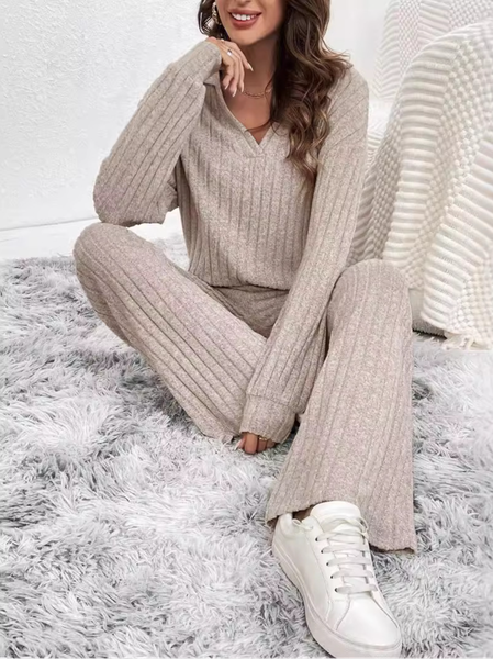 

Women Plain Shawl Collar Long Sleeve Comfy Casual Top With Pants Two-Piece Set, Apricot, Sets