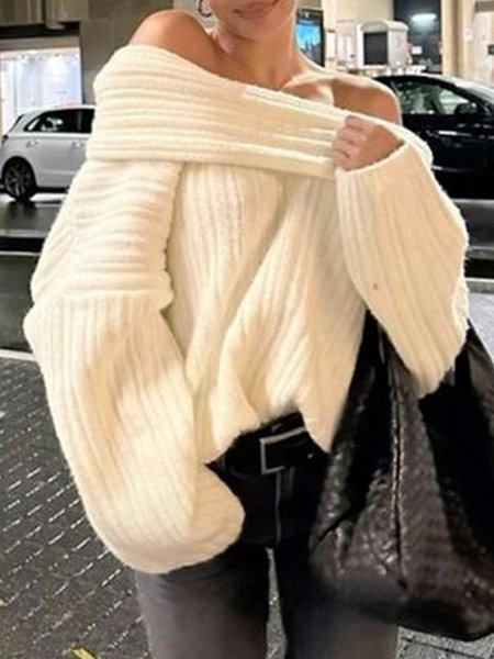 

Loose Regular Sleeve Plain Urban Sweater, Off white, Pullovers